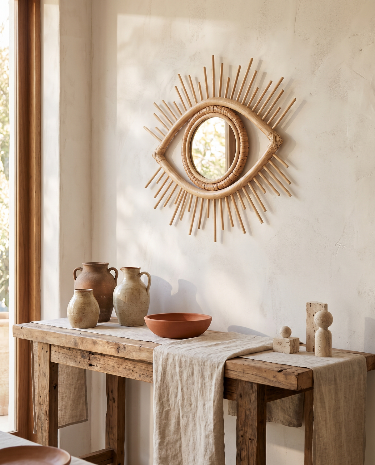 Miroir de maquillage décoratif en rotin en situation dans un intérieur
