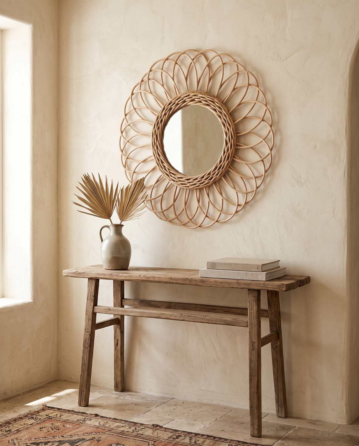 Miroir fleur spirale en rotin en situation dans un intérieur