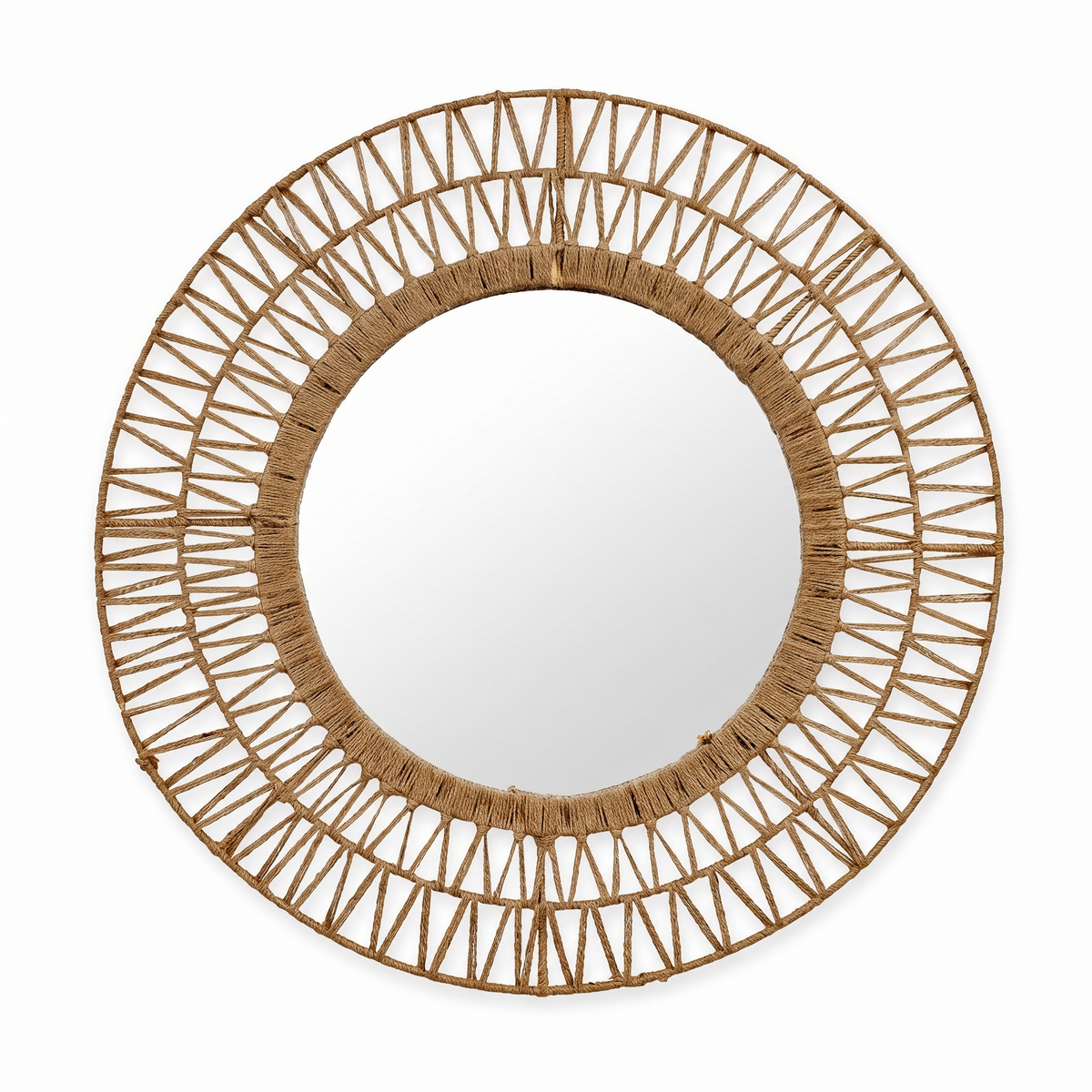 Grand miroir rond en rotin et jute sur fond blanc