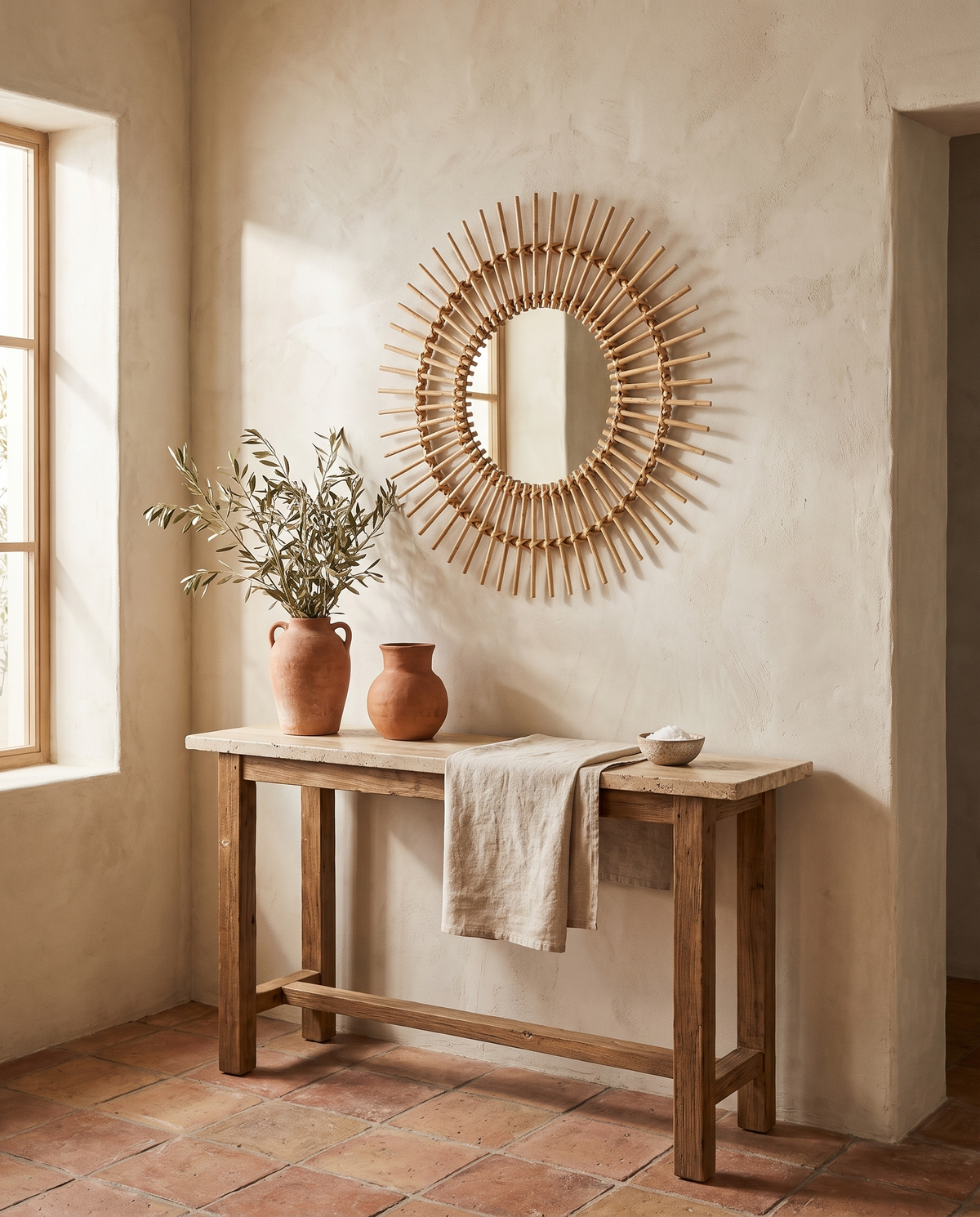 Petit miroir soleil en rotin en situation dans un intérieur