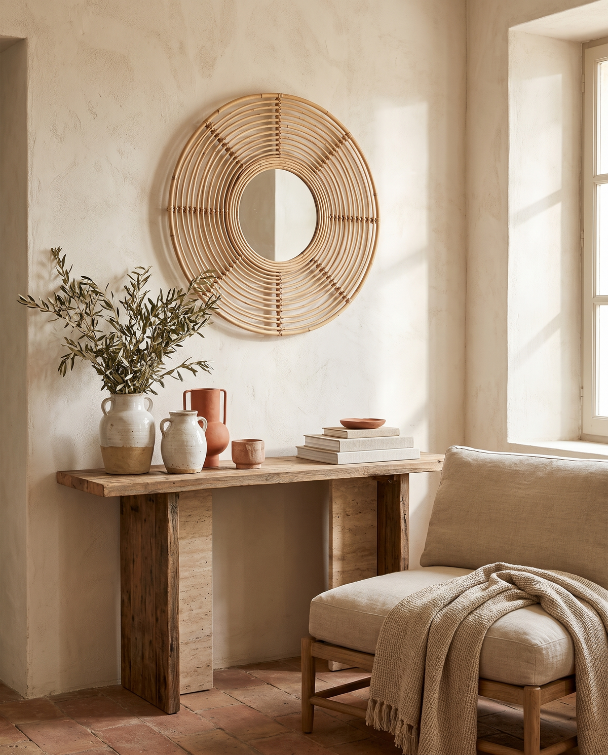 Miroir décoratif en rotin naturel en situation dans un intérieur