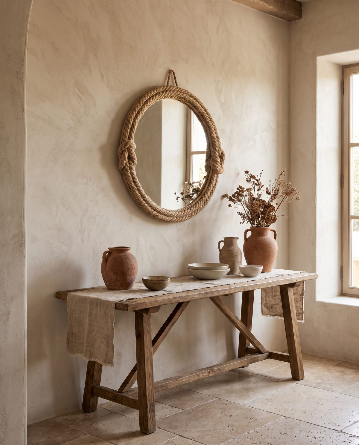 Miroir rond en corde de chanvre en situation dans un intérieur