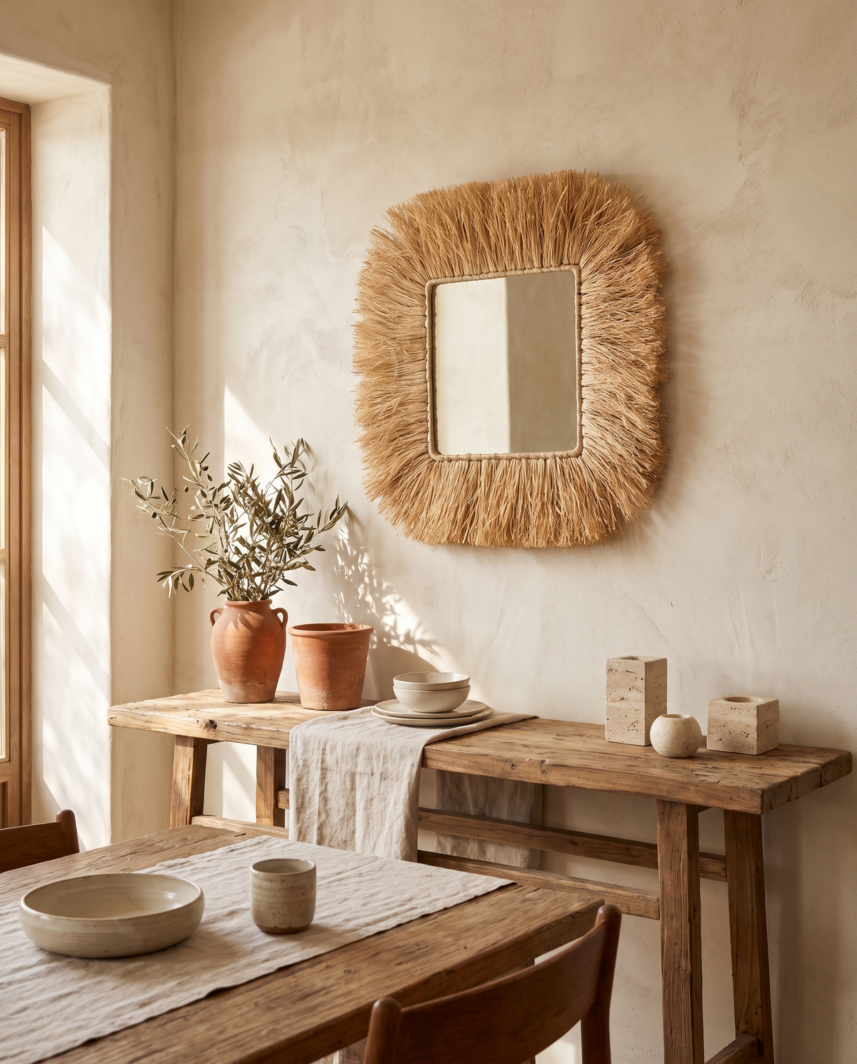 Miroir en raphia de forme irrégulière en situation dans un intérieur
