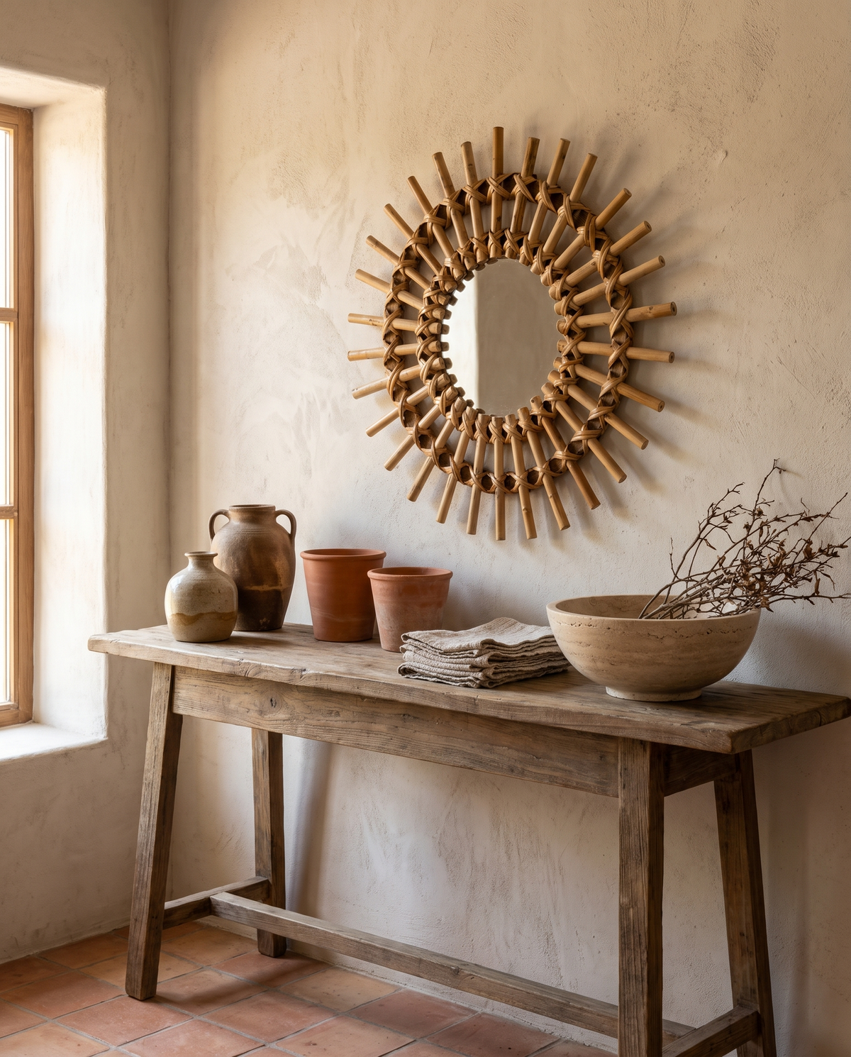Miroir soleil à baguettes de rotin en situation dans un intérieur