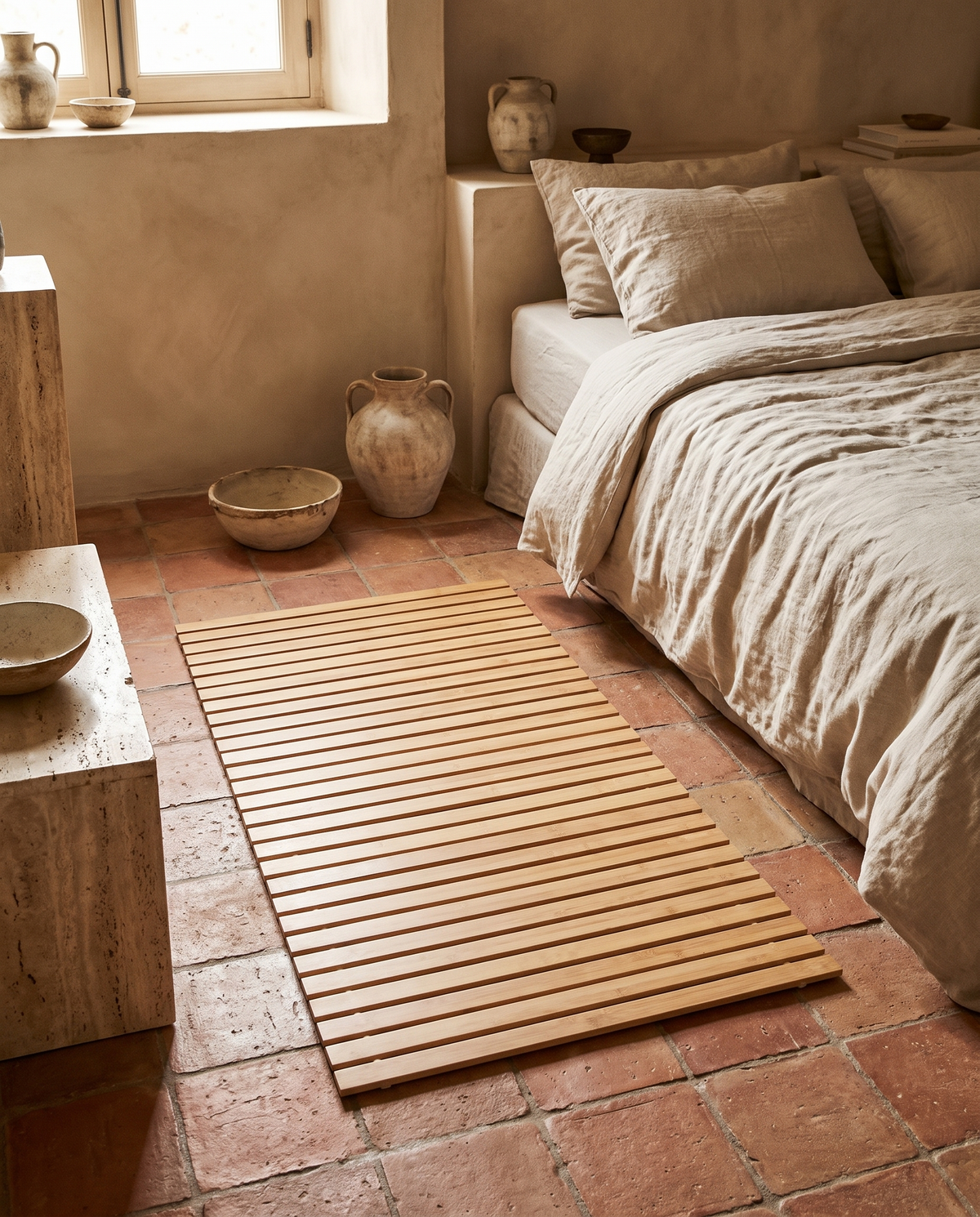 Tapis en bambou à surface lisse en situation dans un intérieur