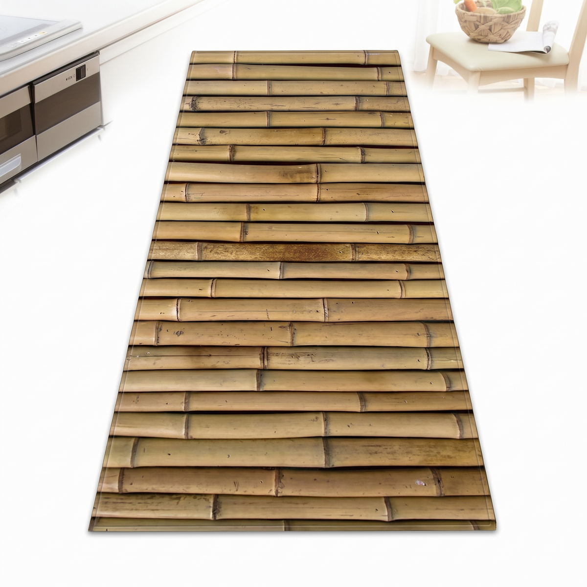 Tapis imprimé effet bambou sur fond blanc