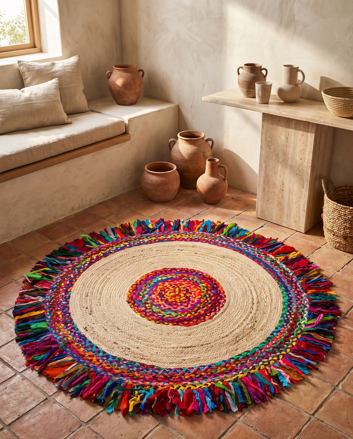 Tapis rond en jute réversible en situation dans un intérieur
