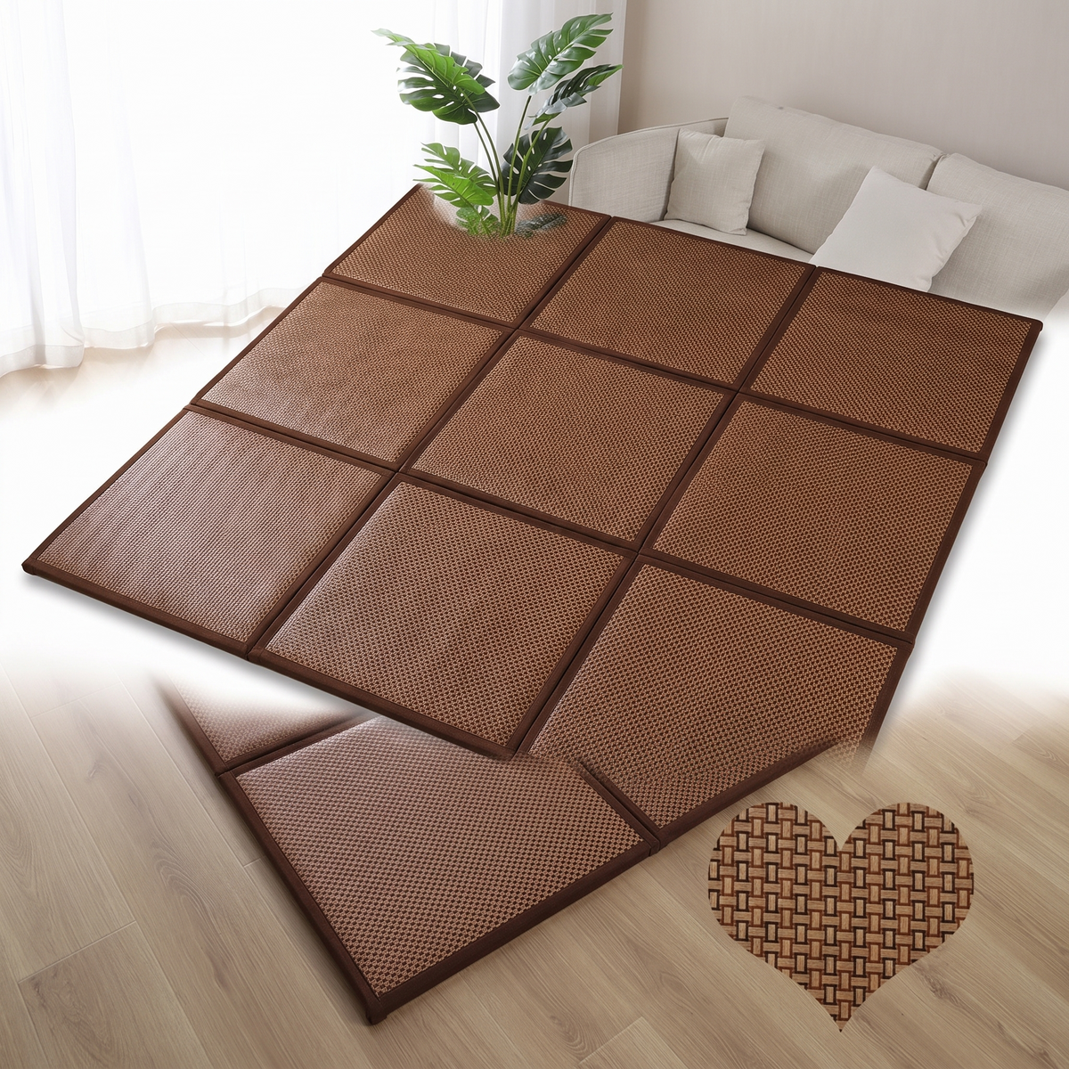 Tapis pliant en fibre de bambou sur fond blanc