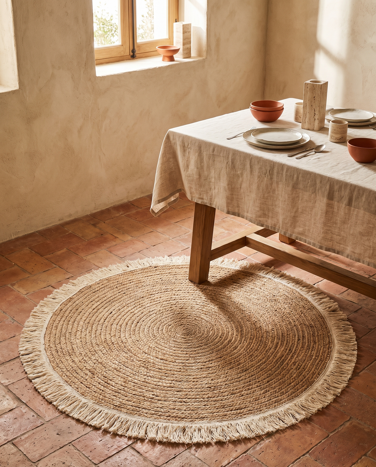 Tapis rond en coton et lin à pompons en situation dans un intérieur