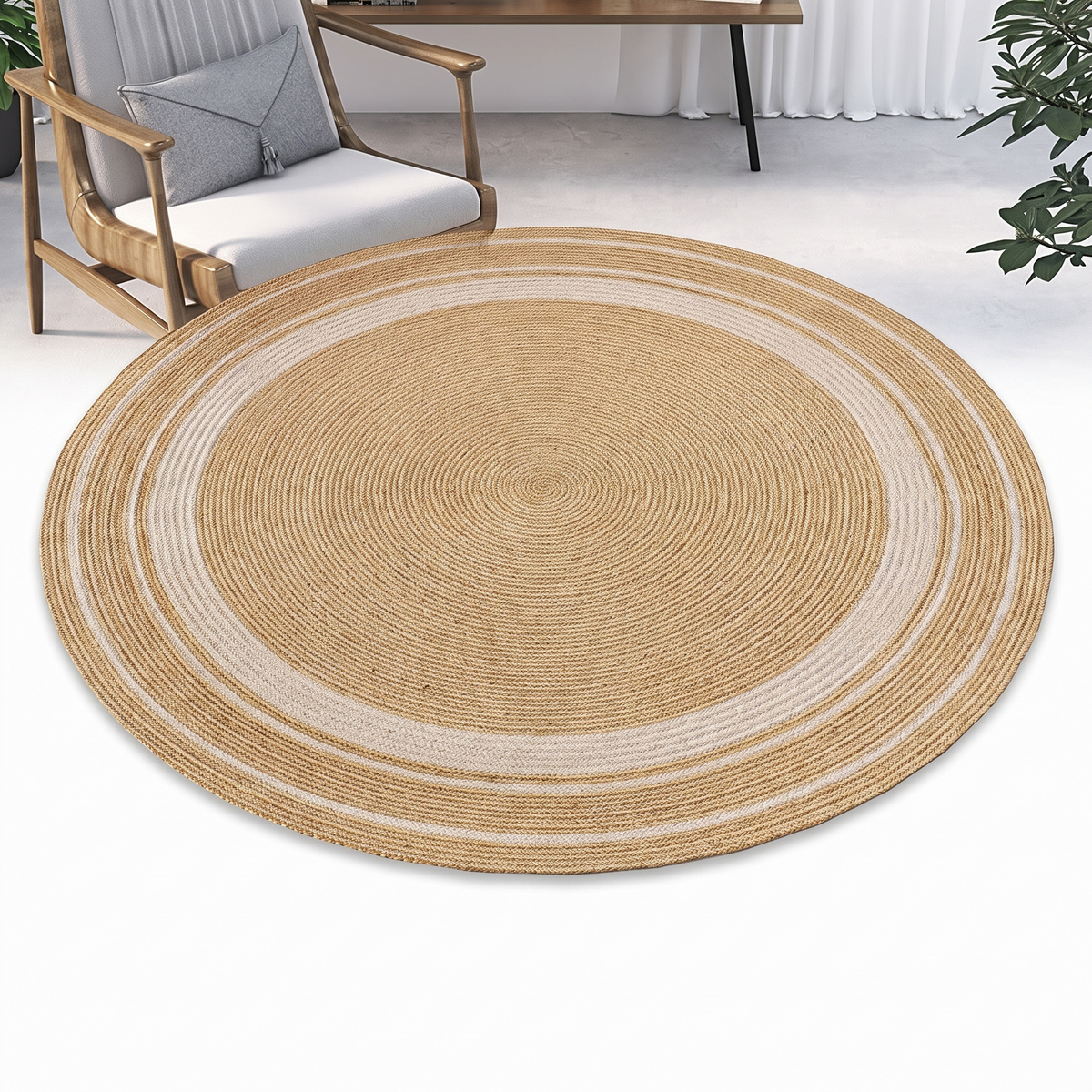 Tapis rond en jute naturel sur fond blanc