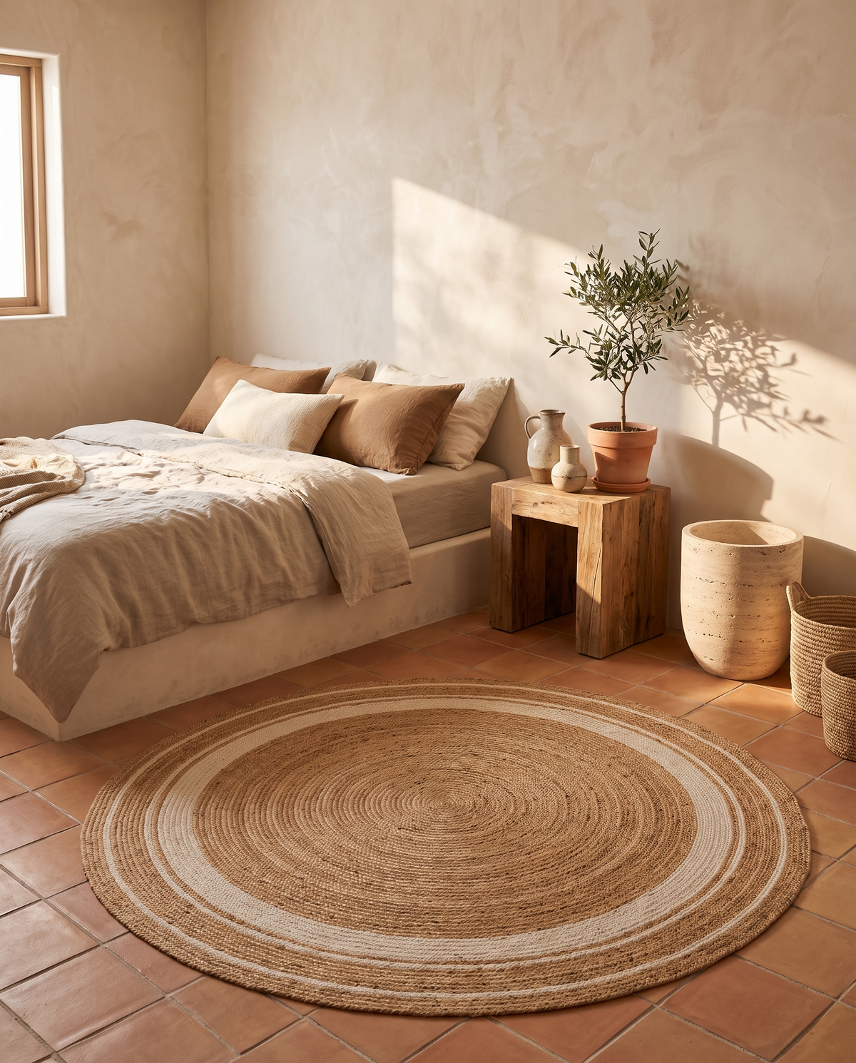 Tapis rond en jute naturel en situation dans un intérieur