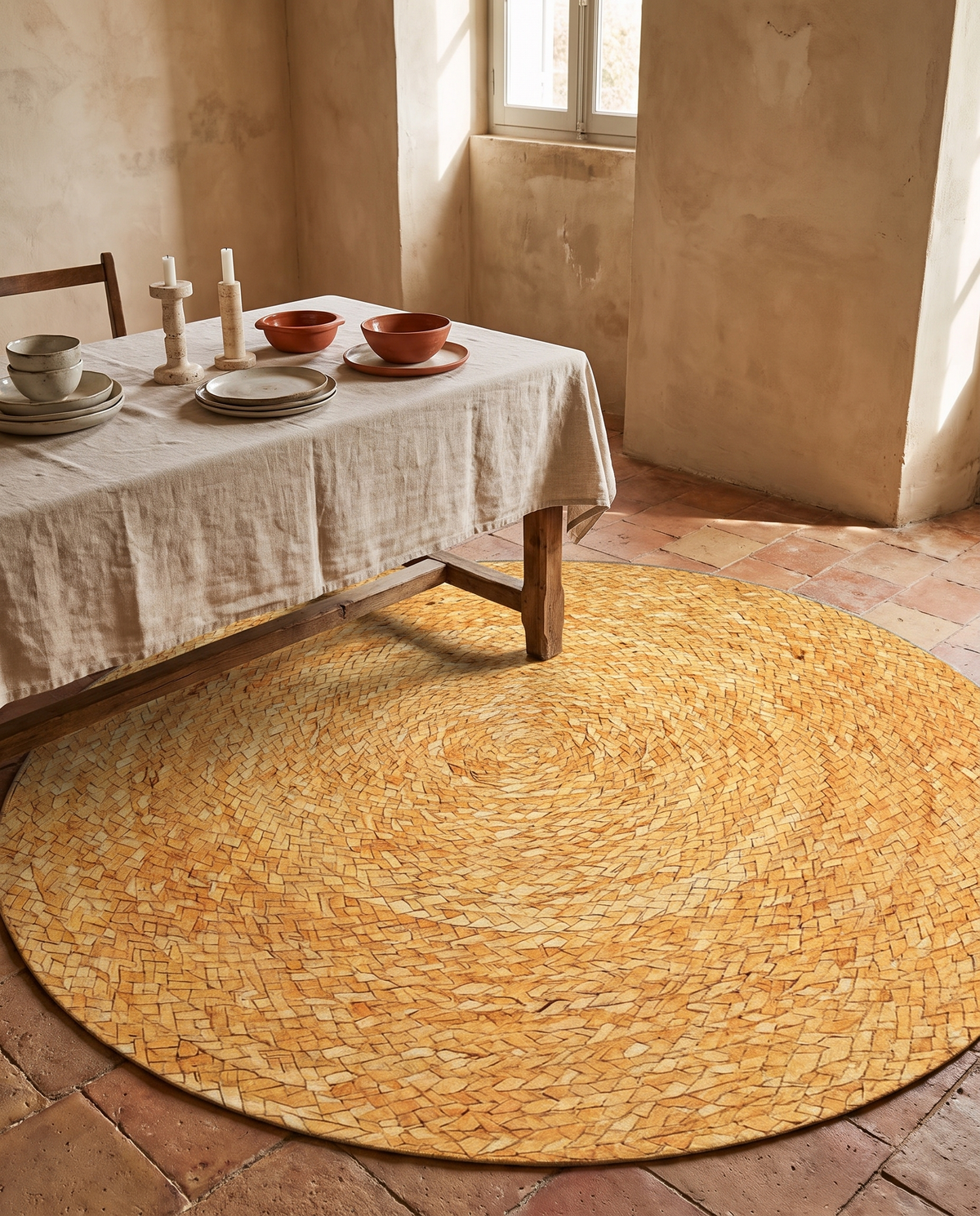 Tapis rond imprimé motif cannage brun en situation dans un intérieur
