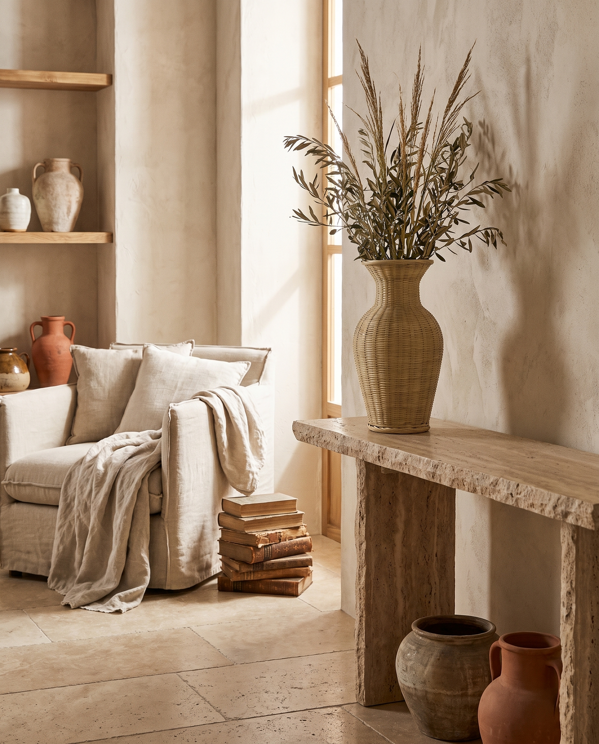Vase en bambou tressé beige en situation dans un intérieur