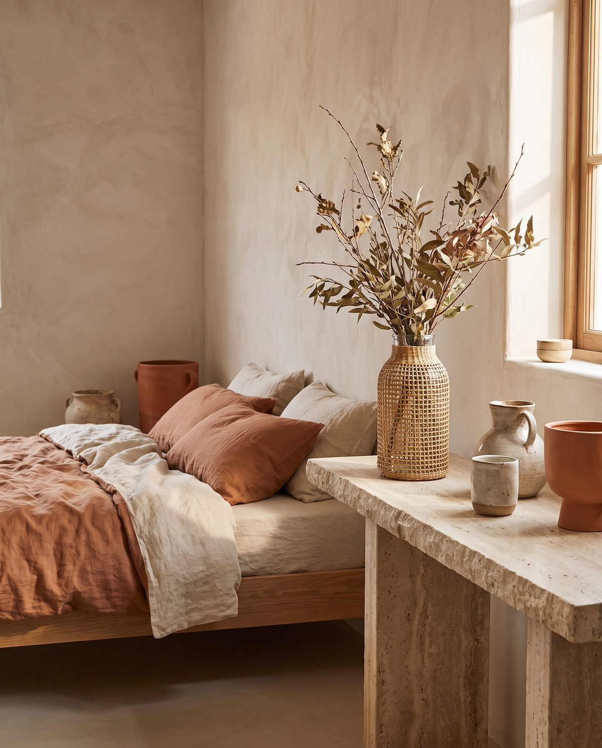 Vase en osier tressé avec verre en situation dans un intérieur