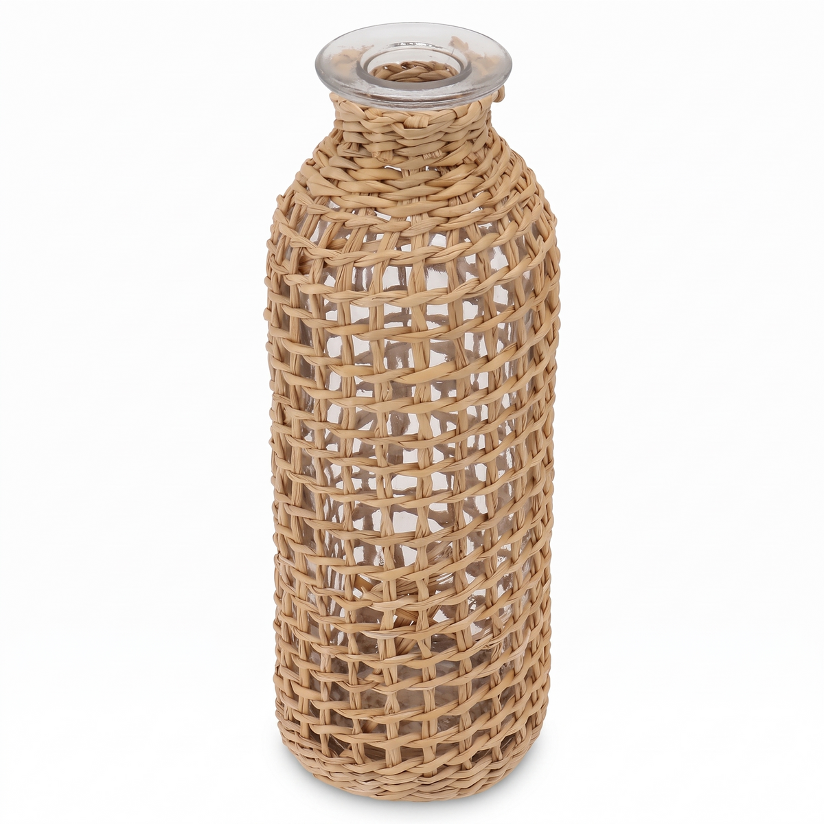 Soliflore en osier tressé et verre sur fond blanc