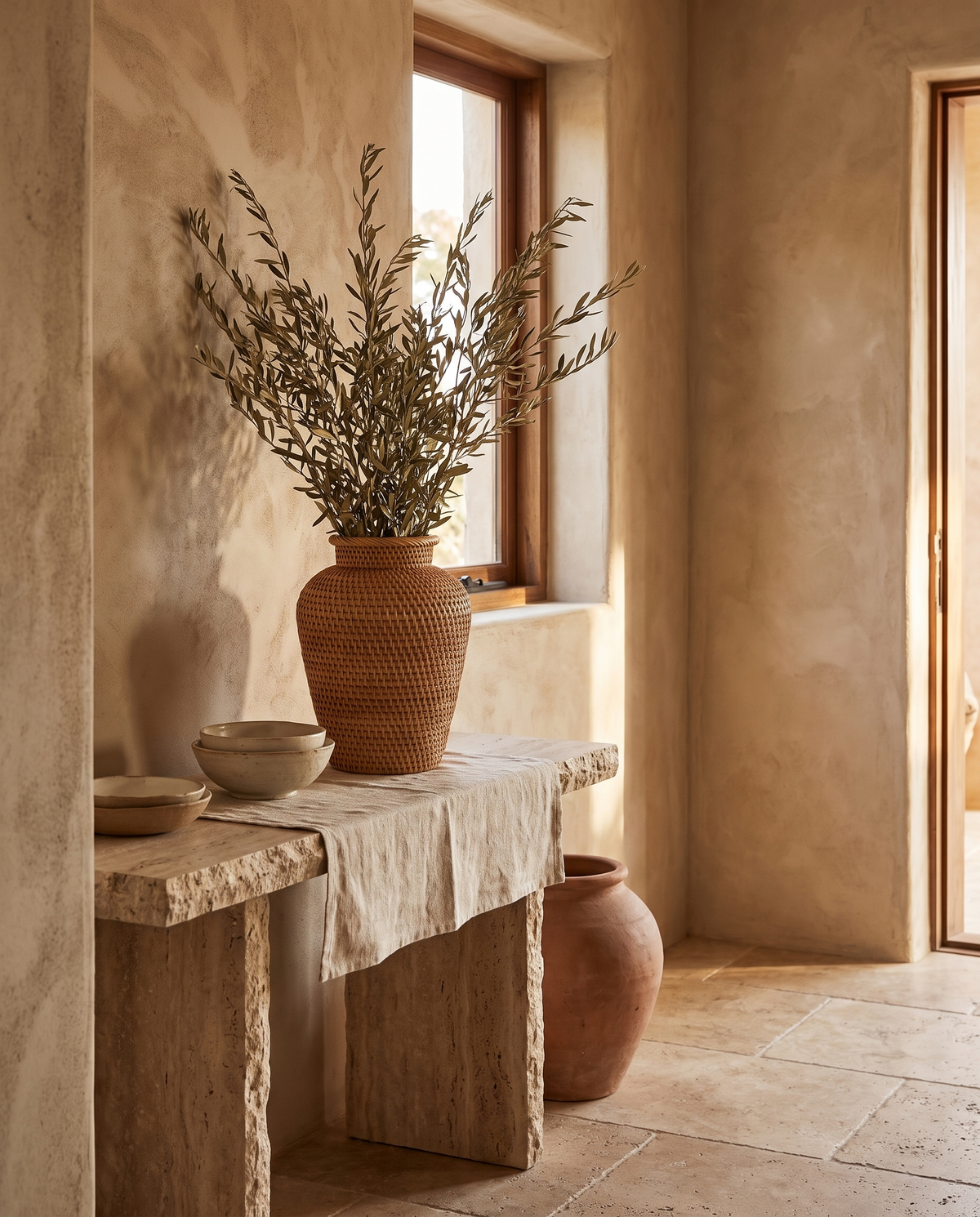 Petit vase en osier et rotin en situation dans un intérieur