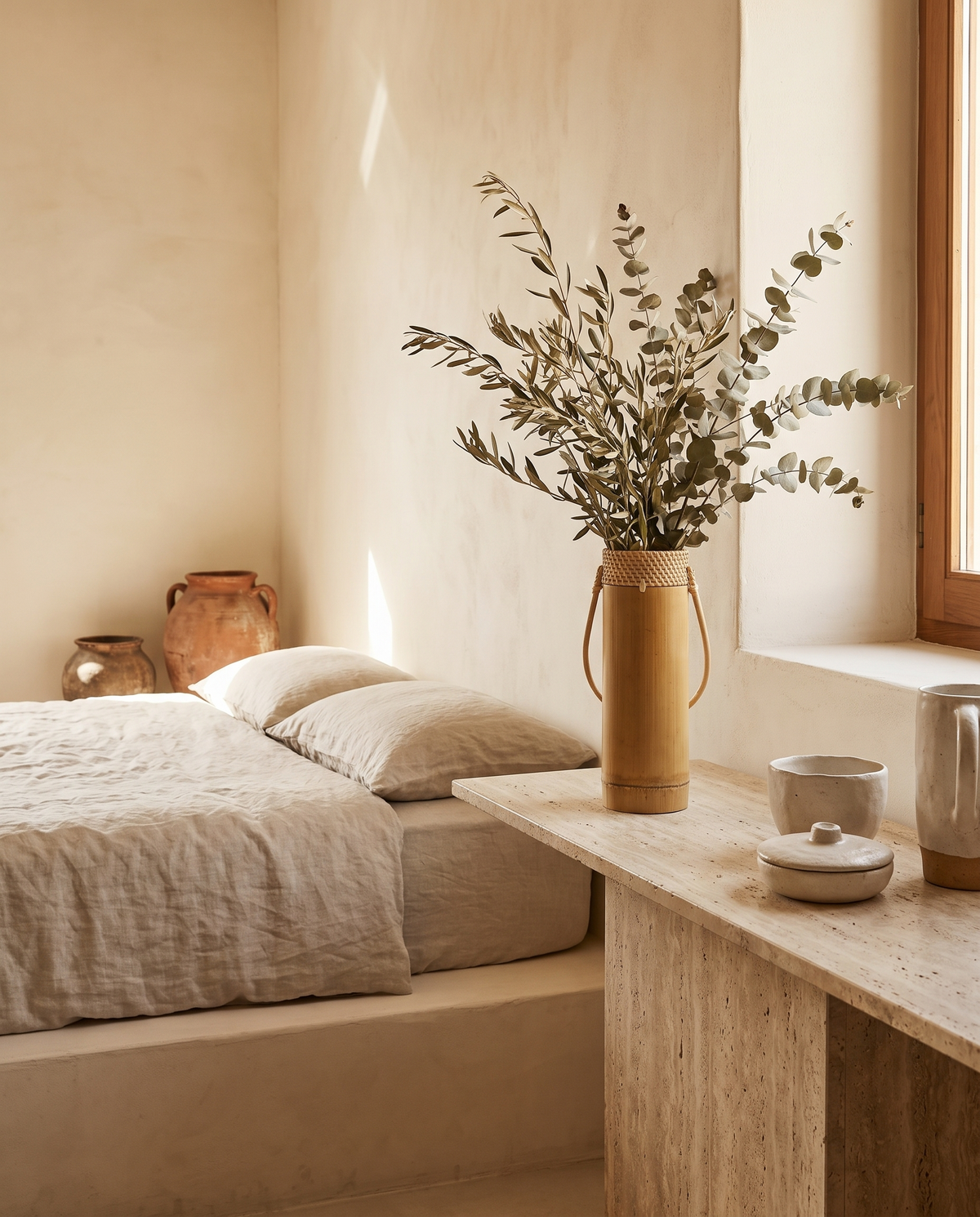 Vase fin en bambou en situation dans un intérieur