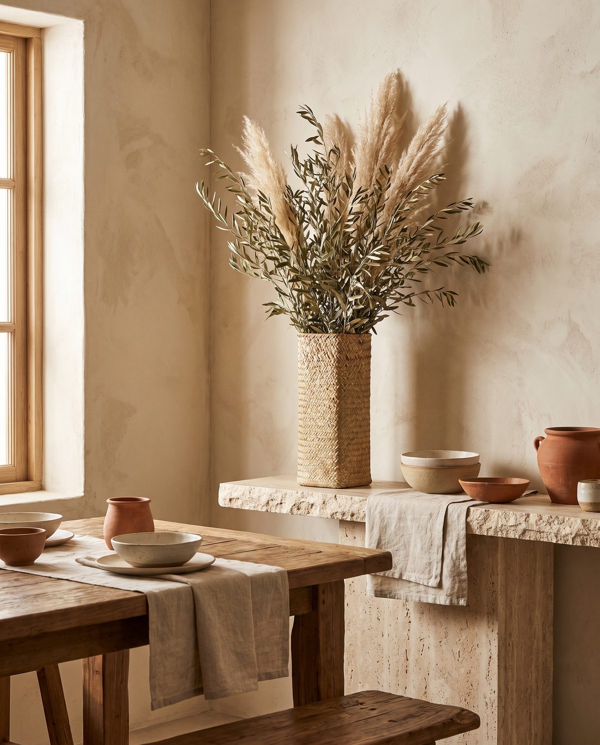 Vase à fleurs en rotin tressé en situation dans un intérieur