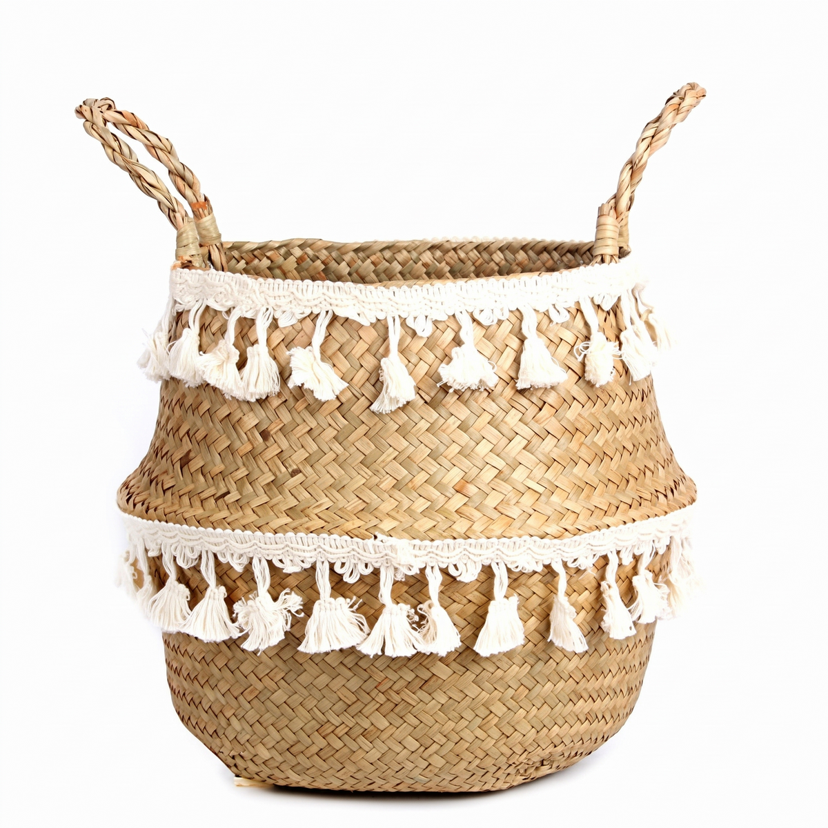 Cache-pot en fibre végétale à bord dentelle sur fond blanc