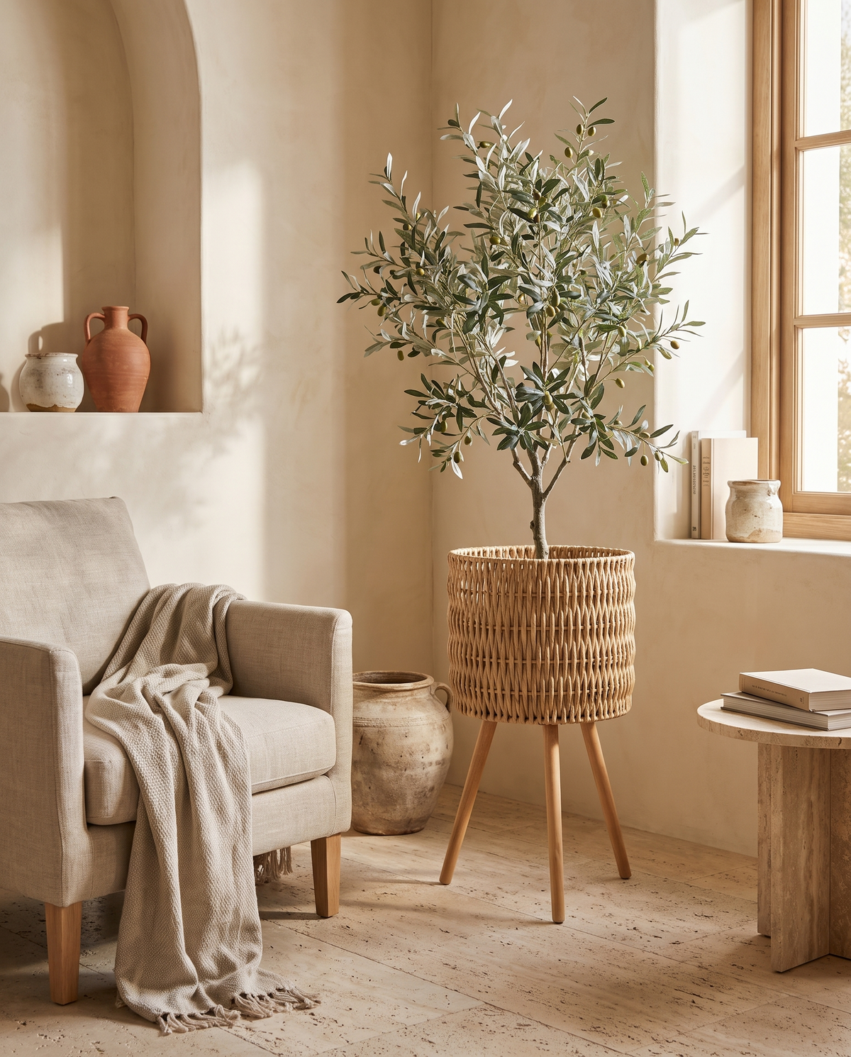 Support de plante tressé sur pieds en bois en situation dans un intérieur