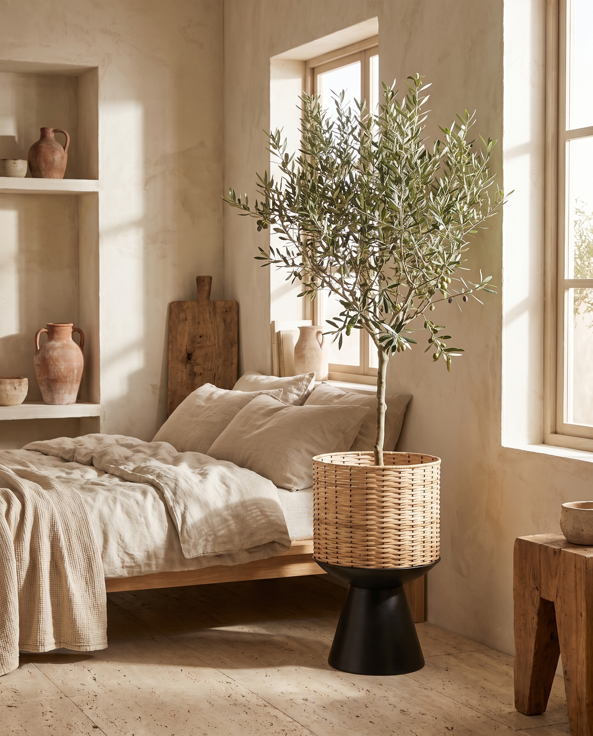 Cache-pot cylindrique en rotin sur socle noir en situation dans un intérieur