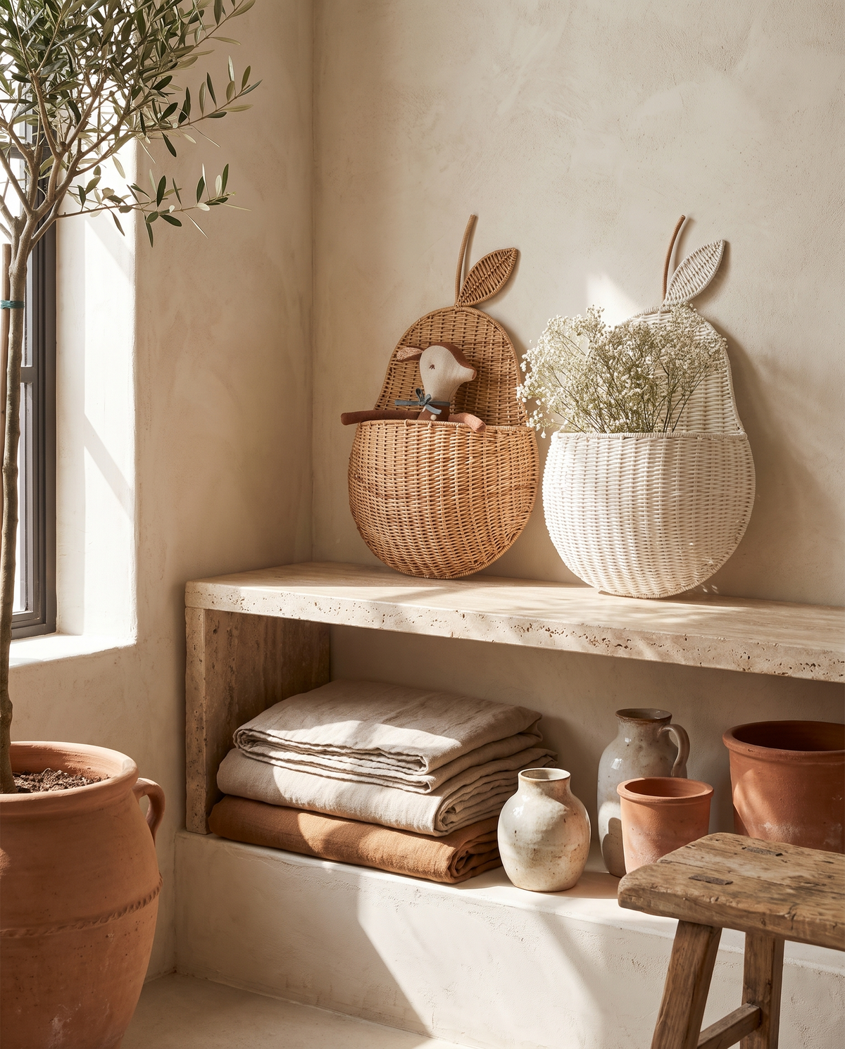Panier de rangement en rotin en forme de poire en situation dans un intérieur