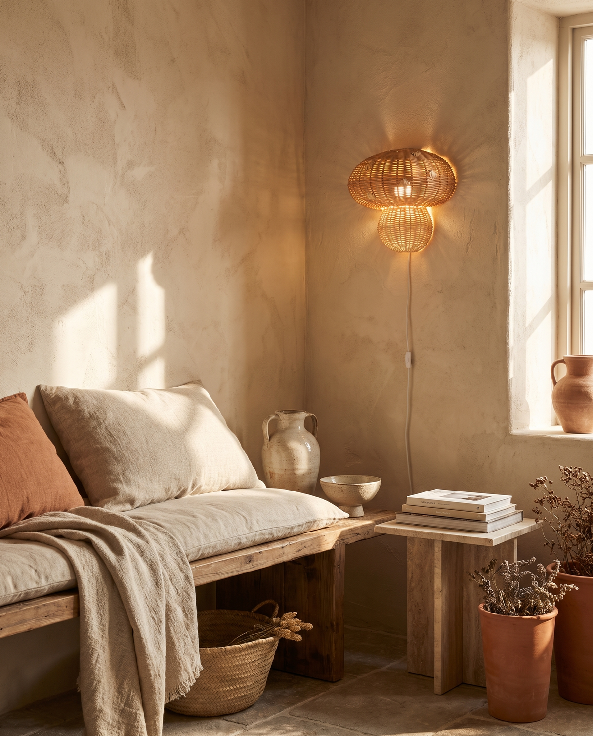 Applique champignon en rotin pour chambre d'enfant en situation dans un intérieur