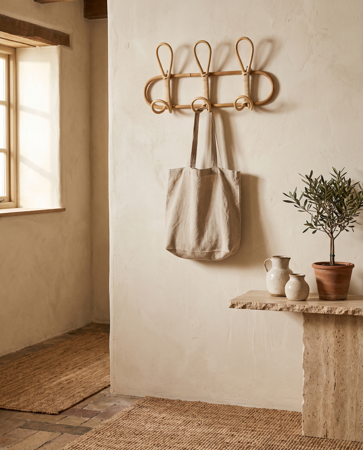 Porte-manteau en rotin en situation dans un intérieur