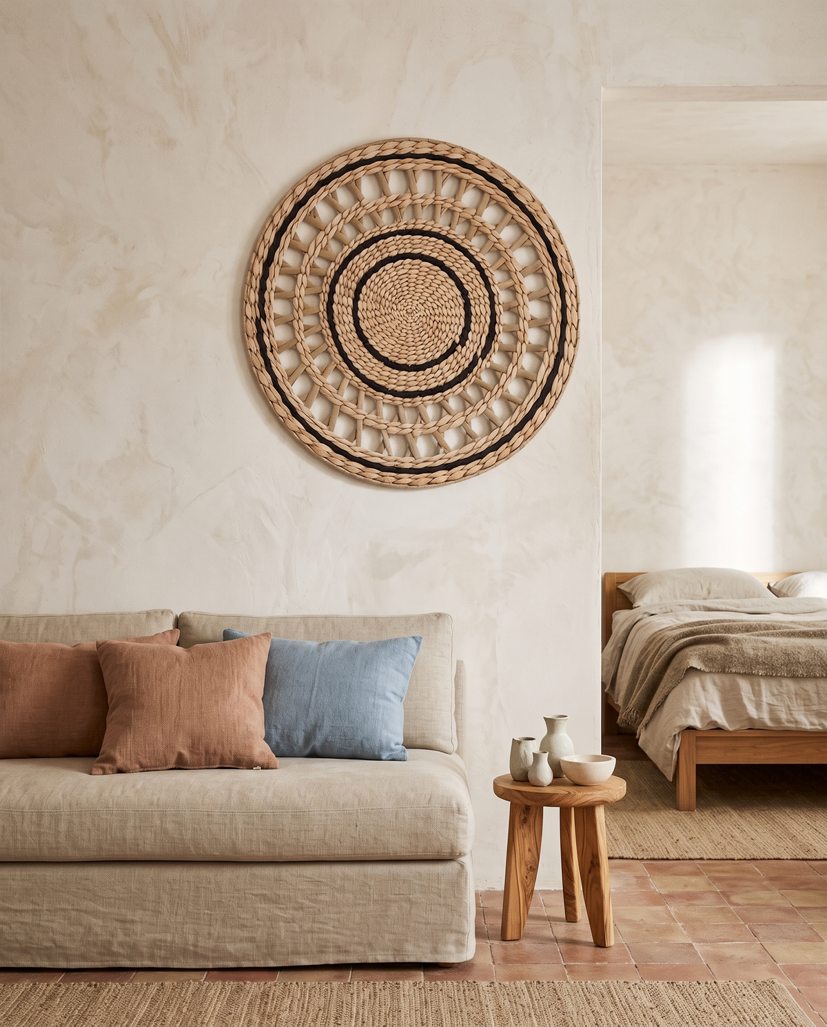 Décoration murale bohème en rotin et coton en situation dans un intérieur