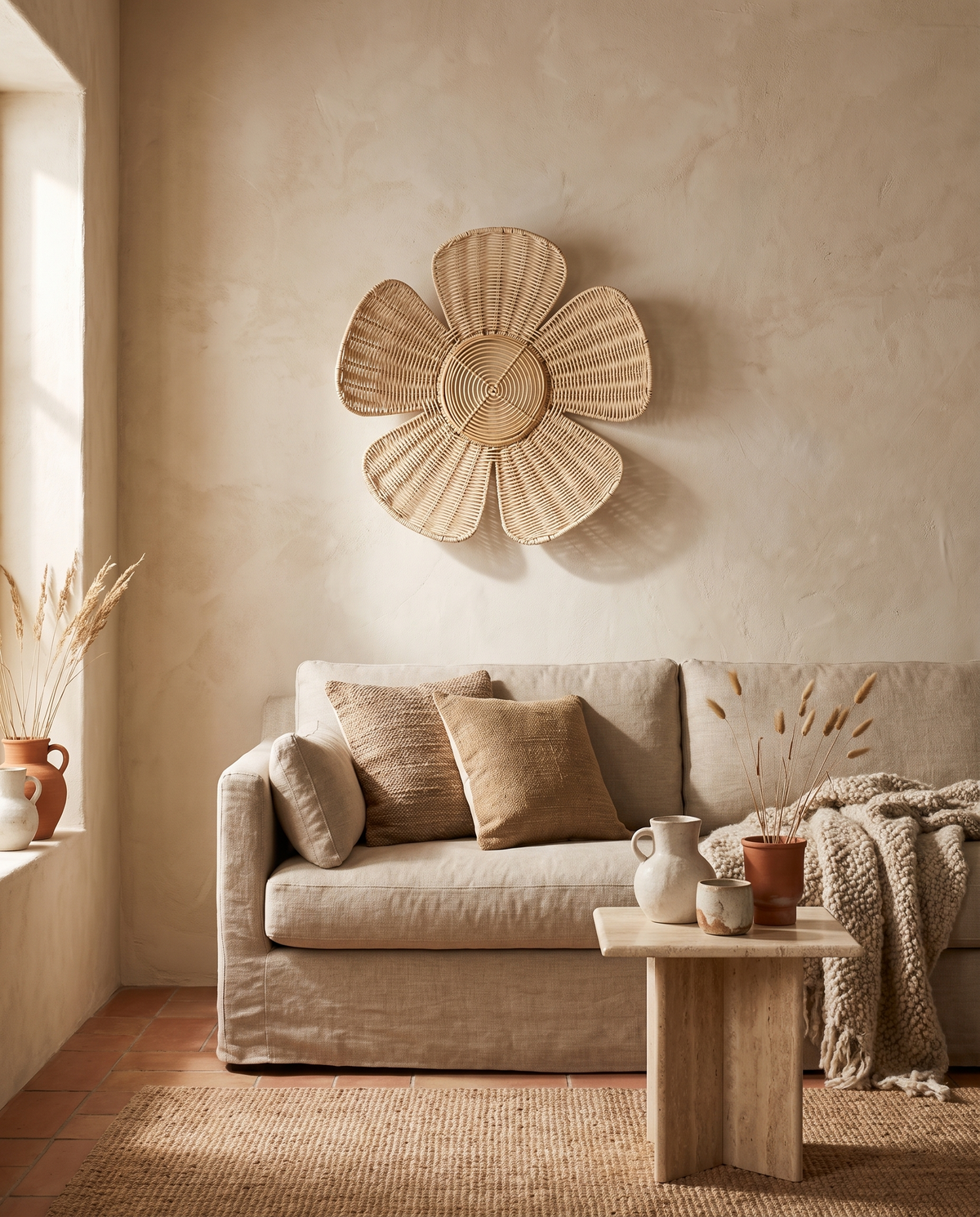 Décoration murale fleur en rotin en situation dans un intérieur