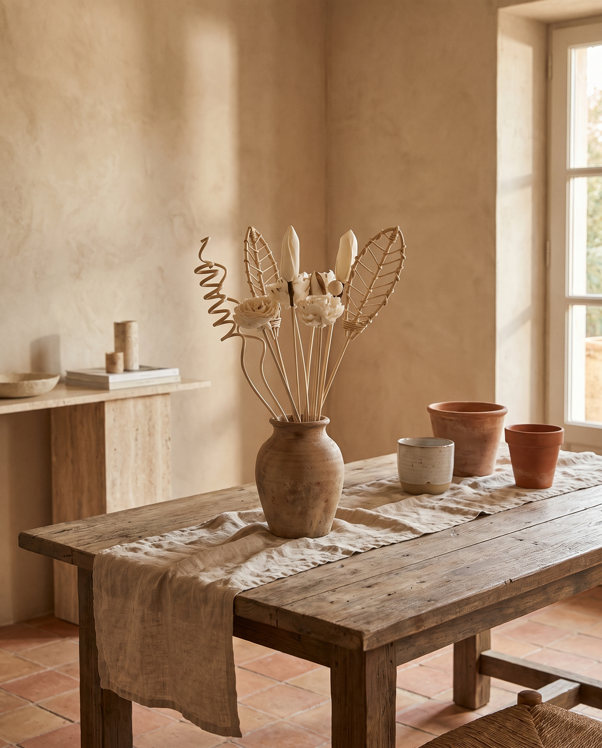 Lot de 12 fleurs décoratives en rotin en situation dans un intérieur