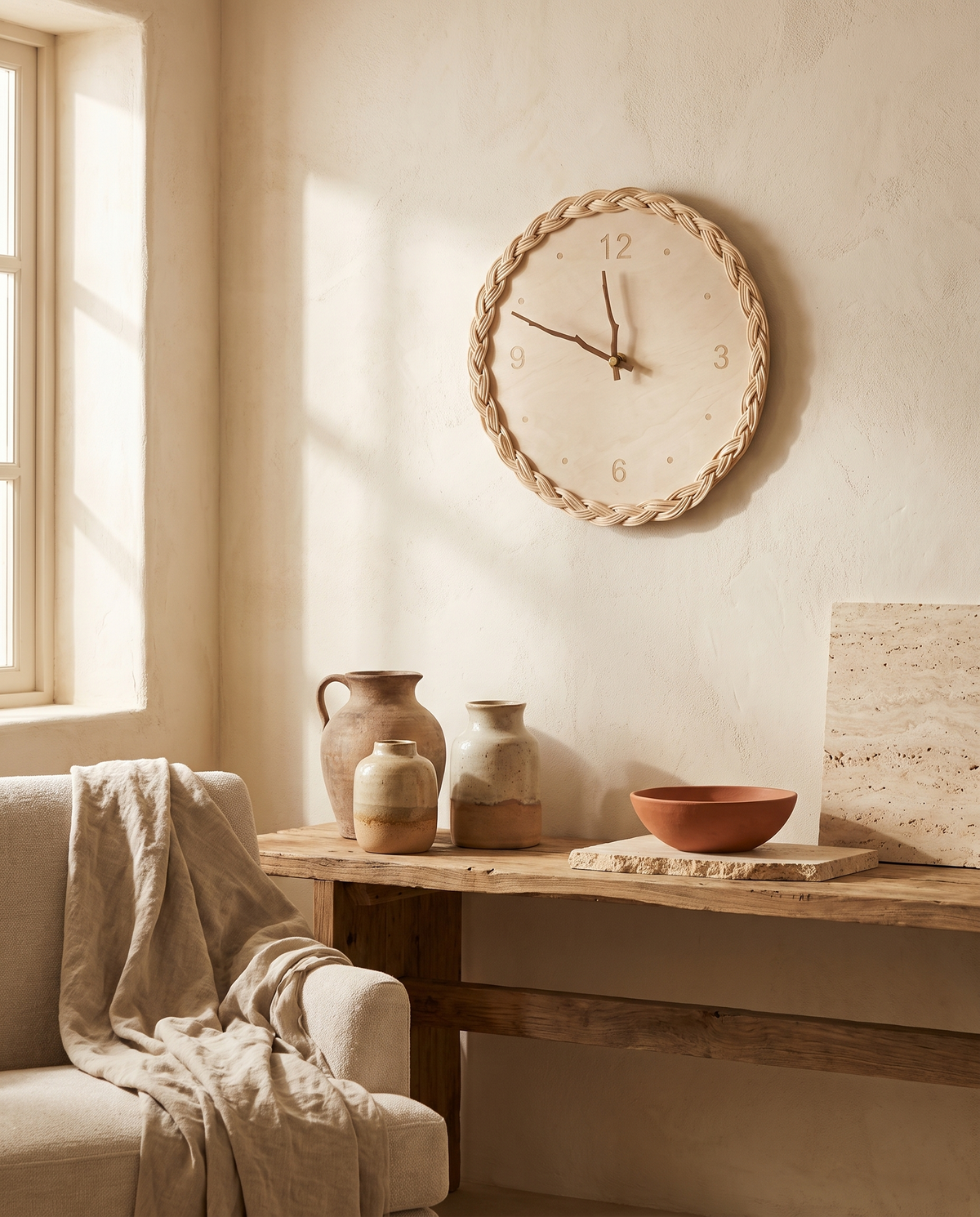 Horloge murale en rotin tressé et bois en situation dans un intérieur