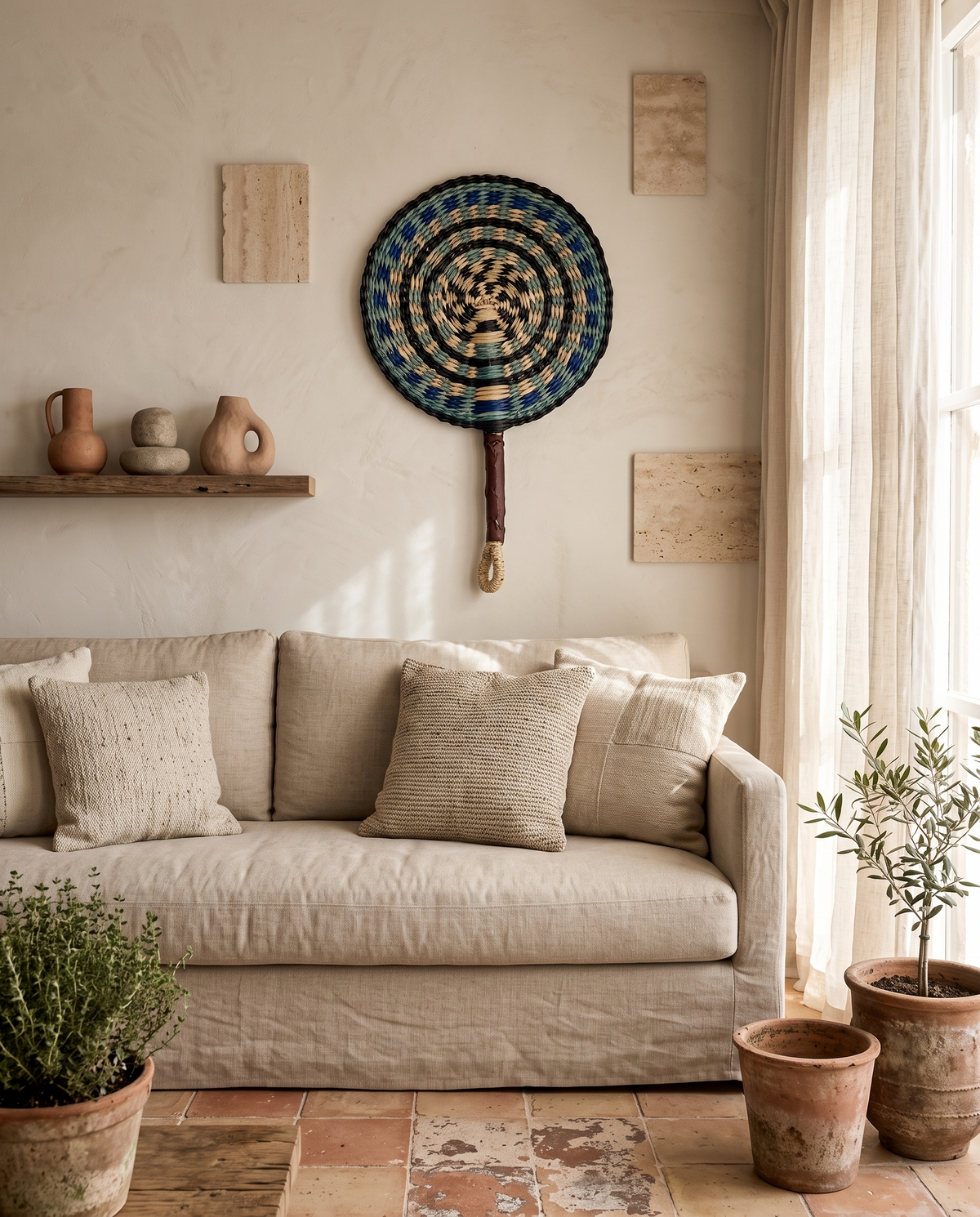 Éventail décoratif en rotin en situation dans un intérieur