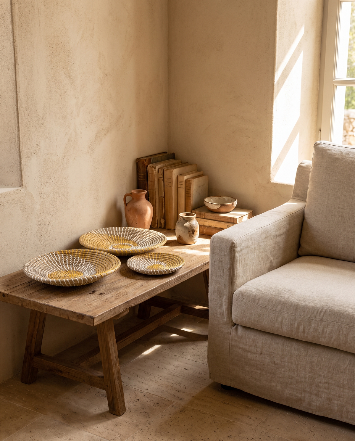 Lot de 3 assiettes décoratives en rotin en situation dans un intérieur