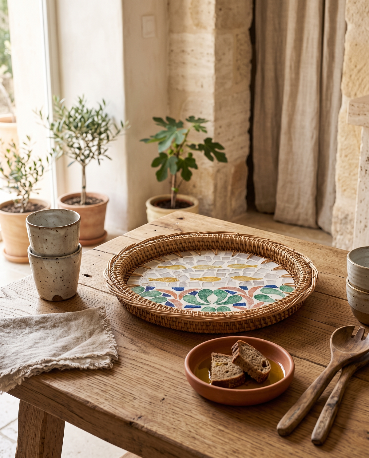 Plateau en rotin à motif poissons en situation dans un intérieur