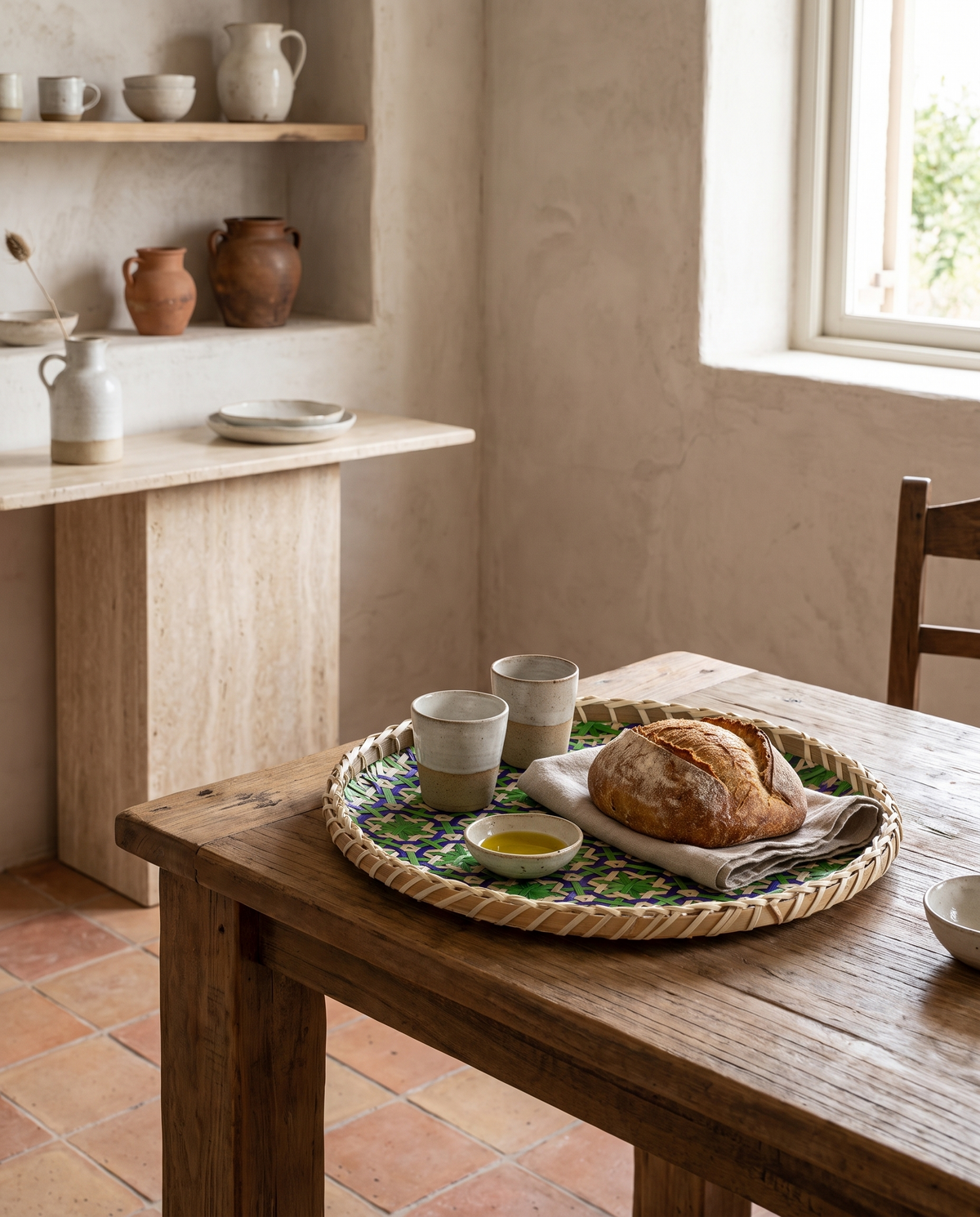 Plateau rond en rotin et bambou à motifs géométriques en situation dans un intérieur