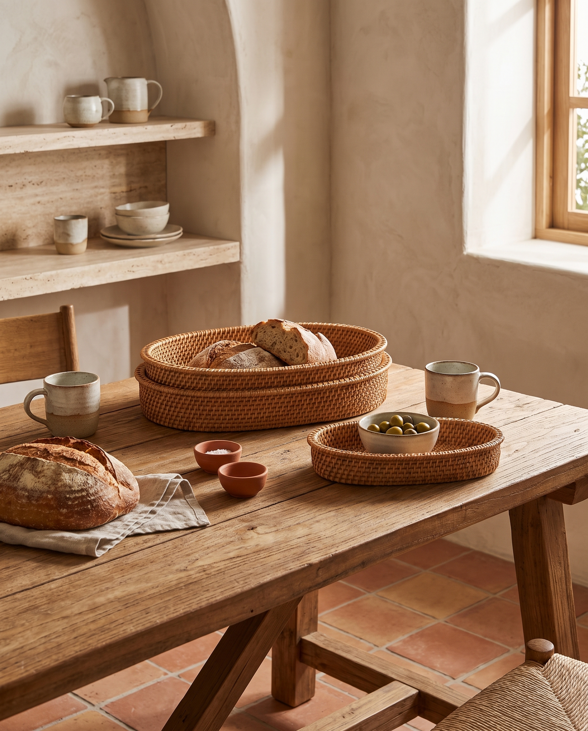 Plateau ovale en rotin en situation dans un intérieur
