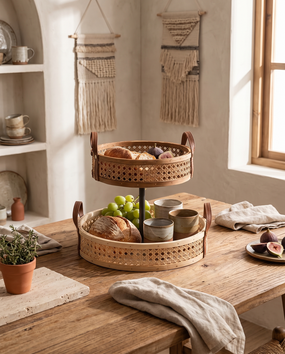 Plateau rond en rotin en situation dans un intérieur