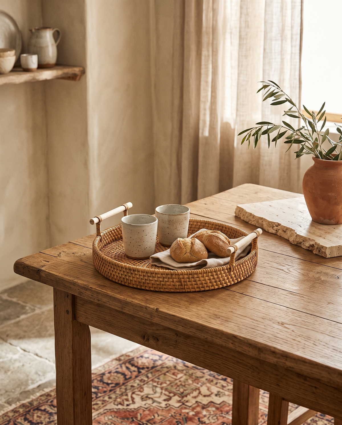 Plateau en rotin beige clair à poignées en bois en situation dans un intérieur