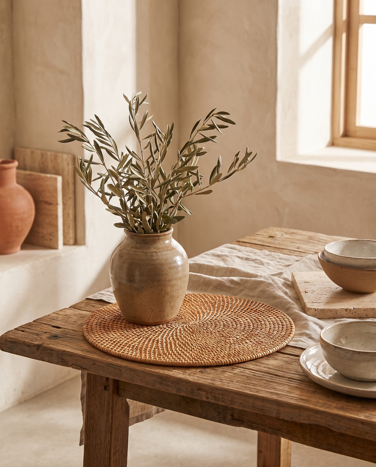 Petit set rond en rotin et bambou en situation dans un intérieur