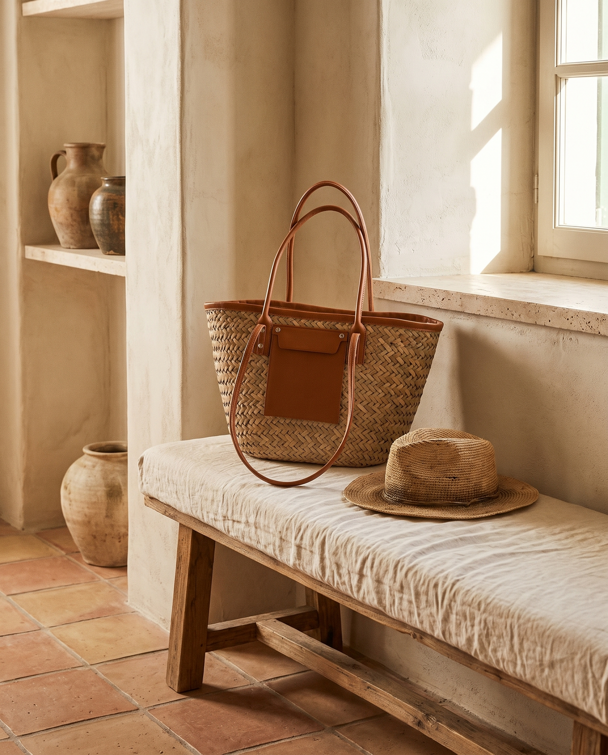 Sac de plage en rotin marron en situation dans un intérieur
