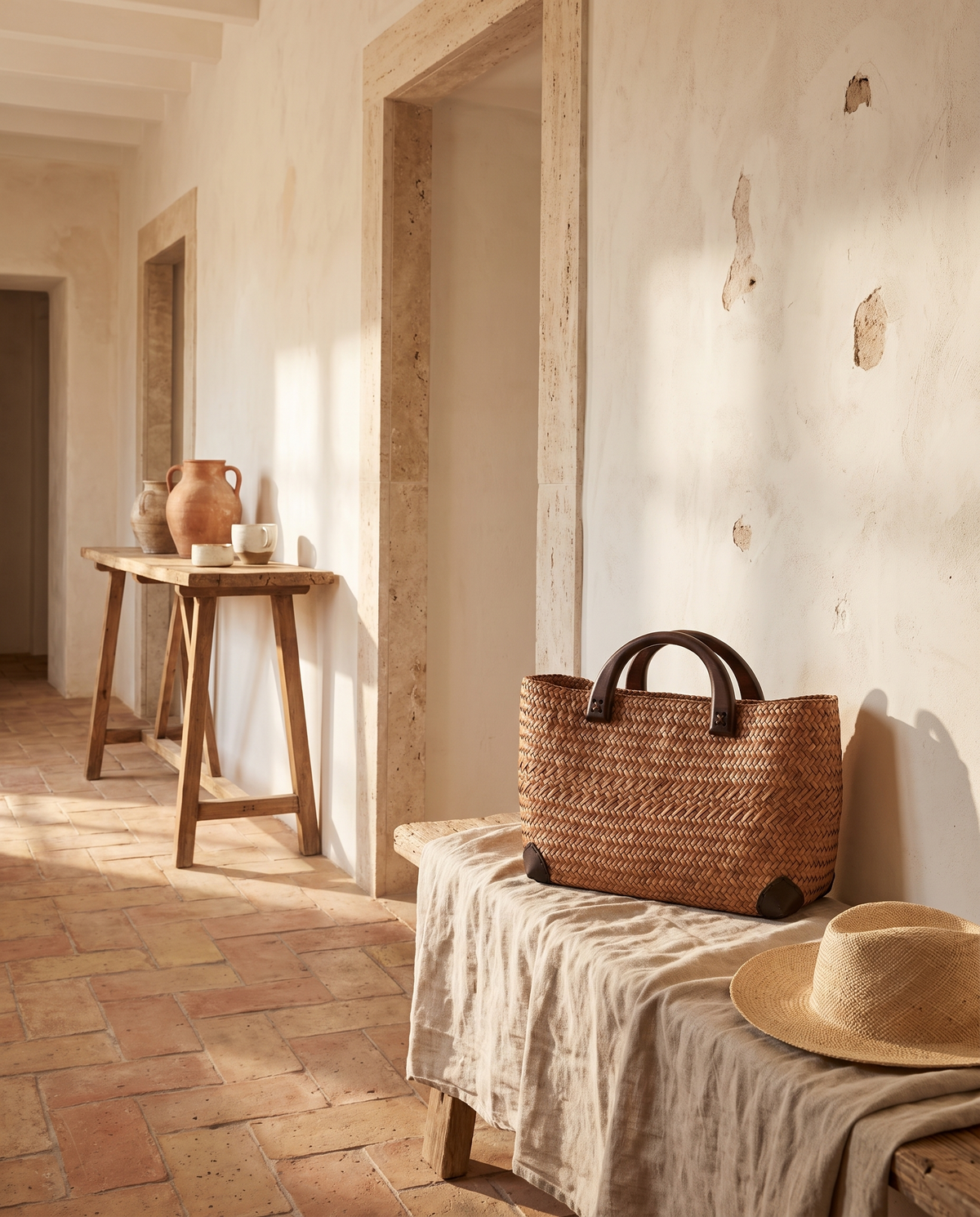 Sac en rotin à anses en bois en situation dans un intérieur