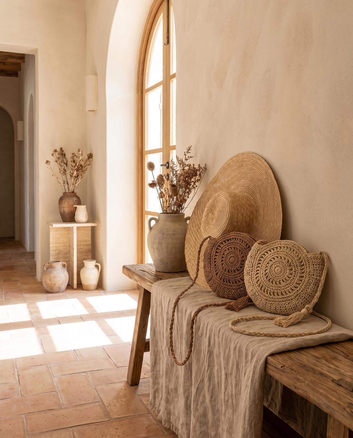 Sac rond souple en paille en situation dans un intérieur