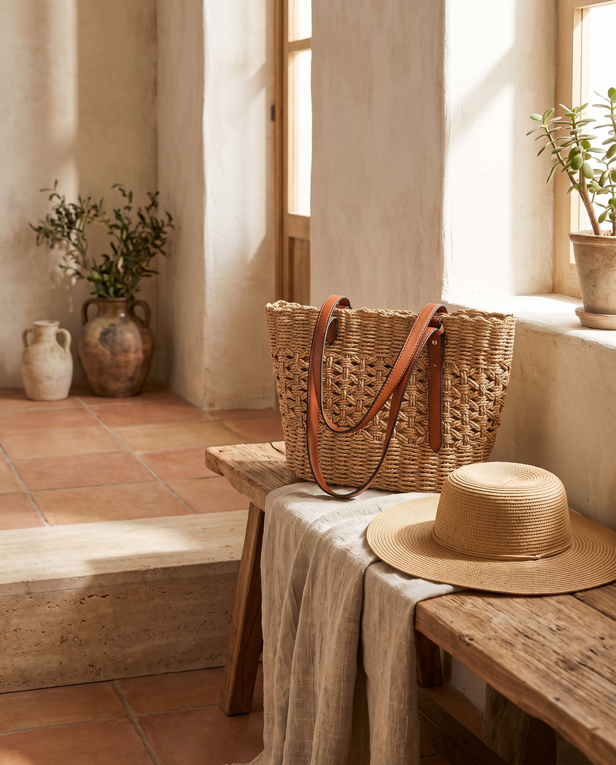 Sac à main en paille tressée en situation dans un intérieur