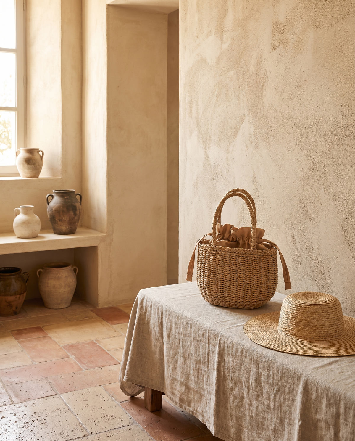 Sac à main en rotin tressé en situation dans un intérieur