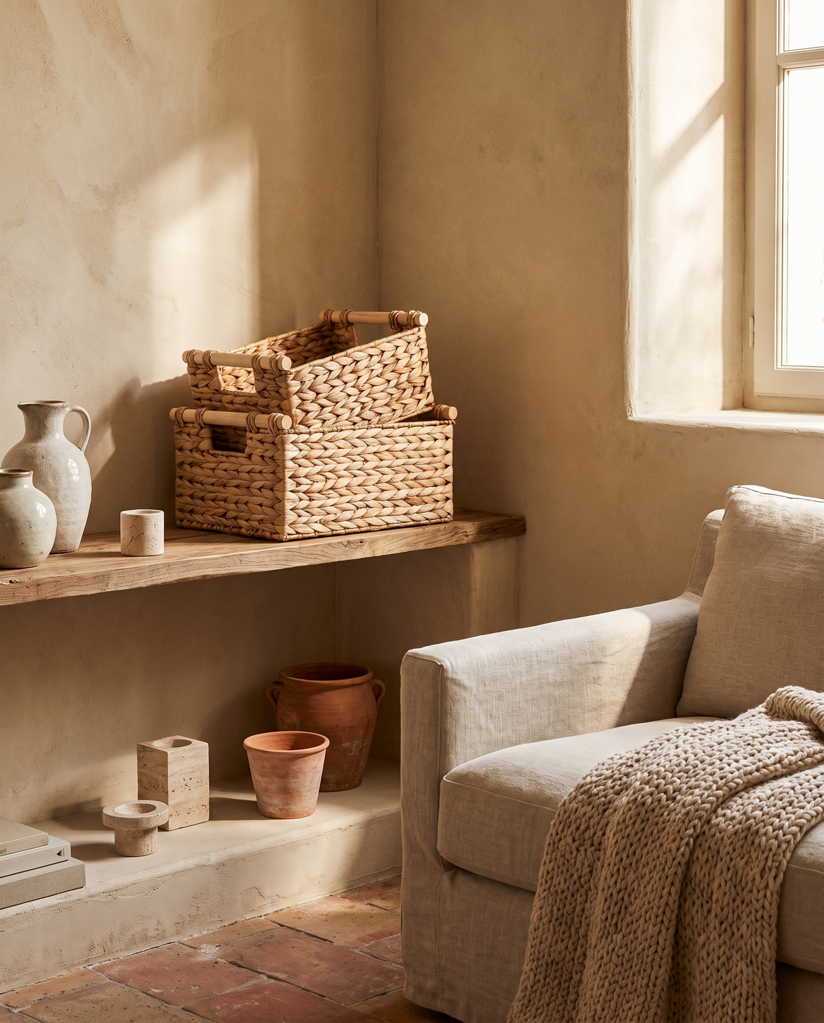 Boîte de rangement en rotin avec poignées en situation dans un intérieur