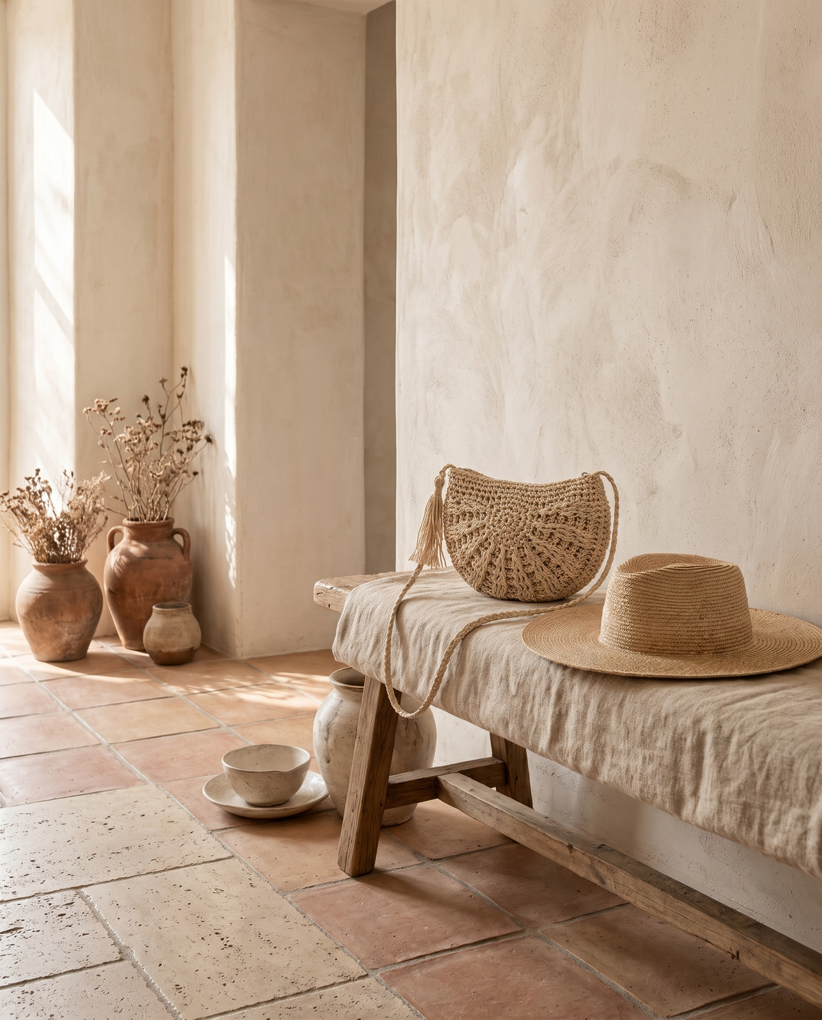 Sac bandoulière demi-lune en rotin ajouré en situation dans un intérieur