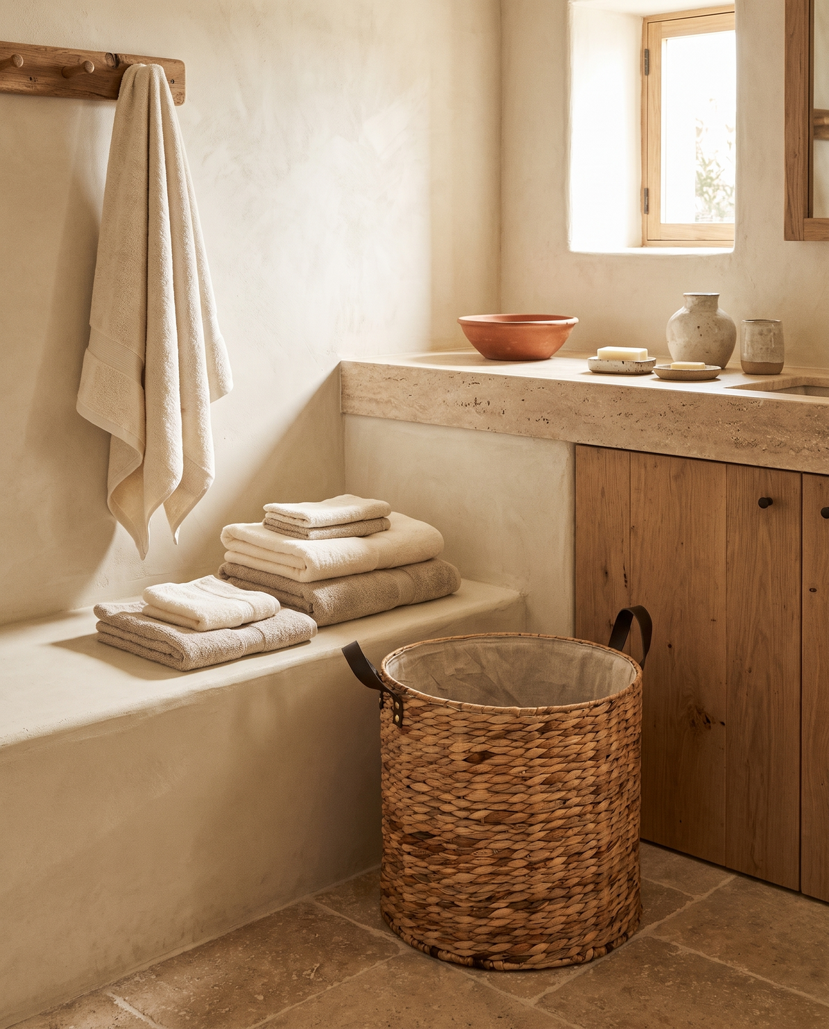 Panier à linge en rotin avec poignées en situation dans un intérieur