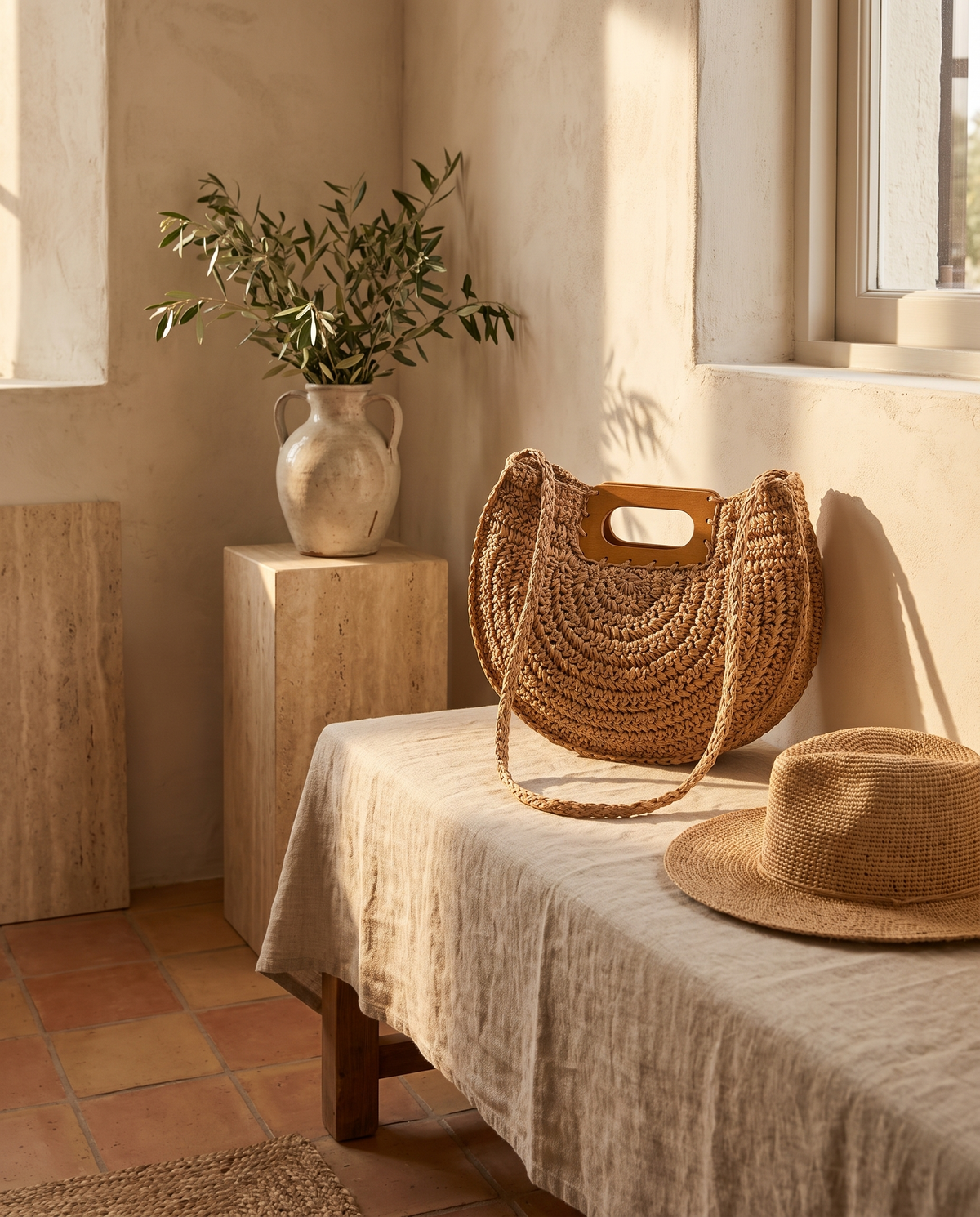 Sac à main en rotin à anse en bois en situation dans un intérieur